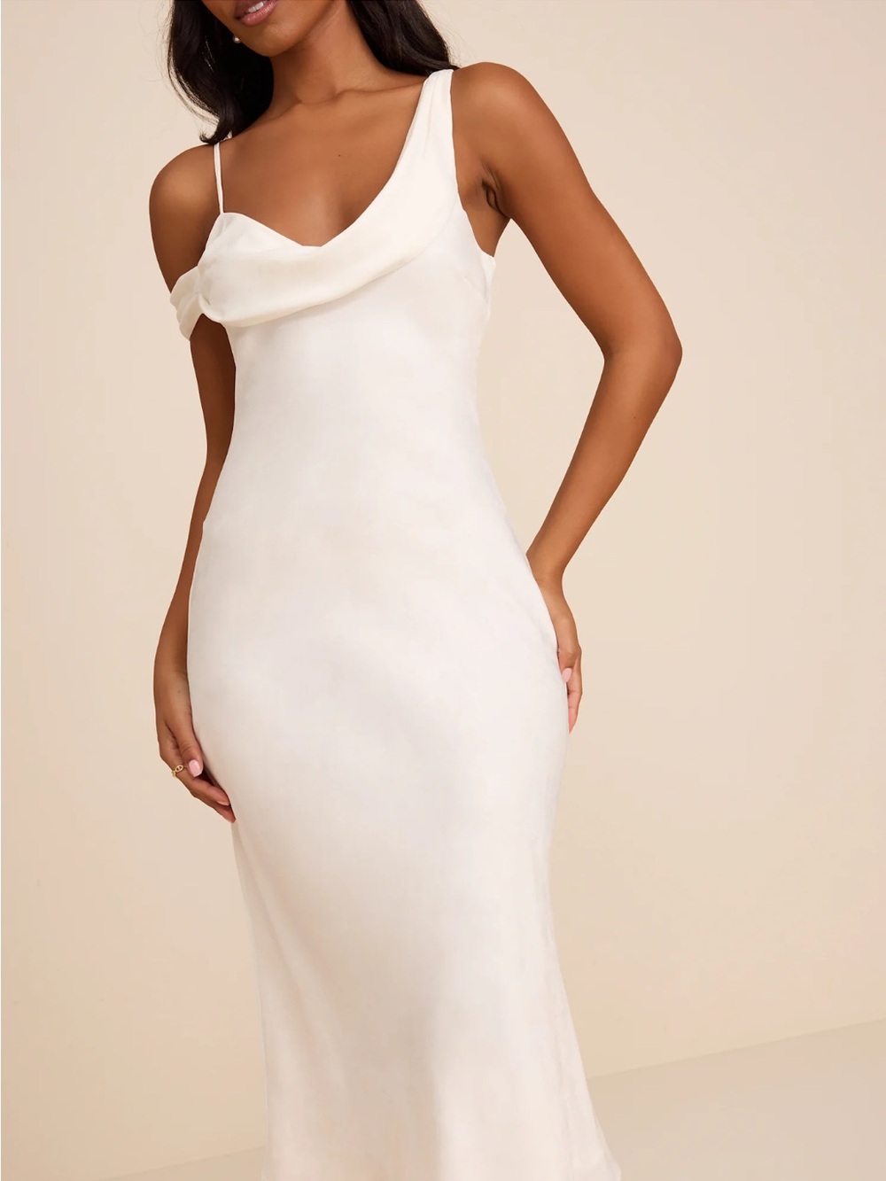 Lulu's Ivory One-Shoulder Draped Slip Dress